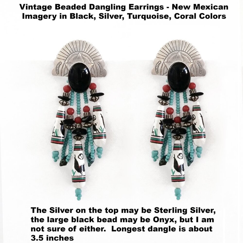 Vintage Sante Fe Dangling Earrings with Silver, Black, Turquoise, Coral Beads